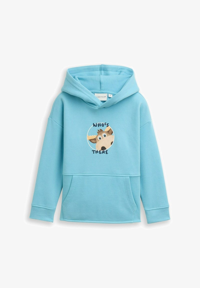 Hanorac bleu deschis din bumbac moale, cu o buzunar frontal și un design de desene animate al unui animal surprins, având textul "CINE E ACOLO?".