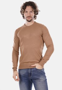 Maglione lungo marrone chiaro, con maniche lunghe e collo rotondo, polsini a coste e una texture liscia. Indossato con jeans blu.