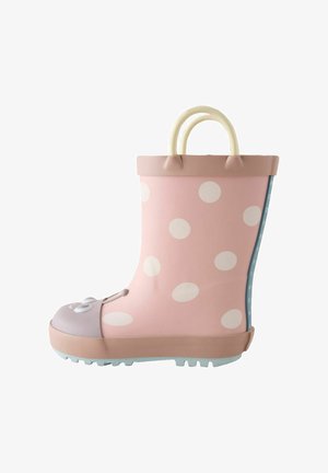 Stivale da pioggia rosa per bambini con pois bianchi, suola e manici beige e retro blu con lettere bianche su sfondo bianco.
