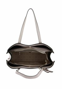 Borsa strutturata con una superficie crema liscia, bordi neri a contrasto, doppi manici e un ampio interno con scomparti chiusi da zip e aperti.