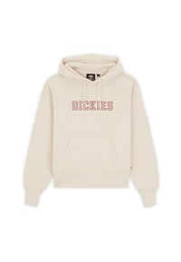 Krämfärgad huvtröja i mjukt tyg. Har en framficka av kangaroo-modell, ribbade muddar och en röd broderad "DICKIES"-logotyp.