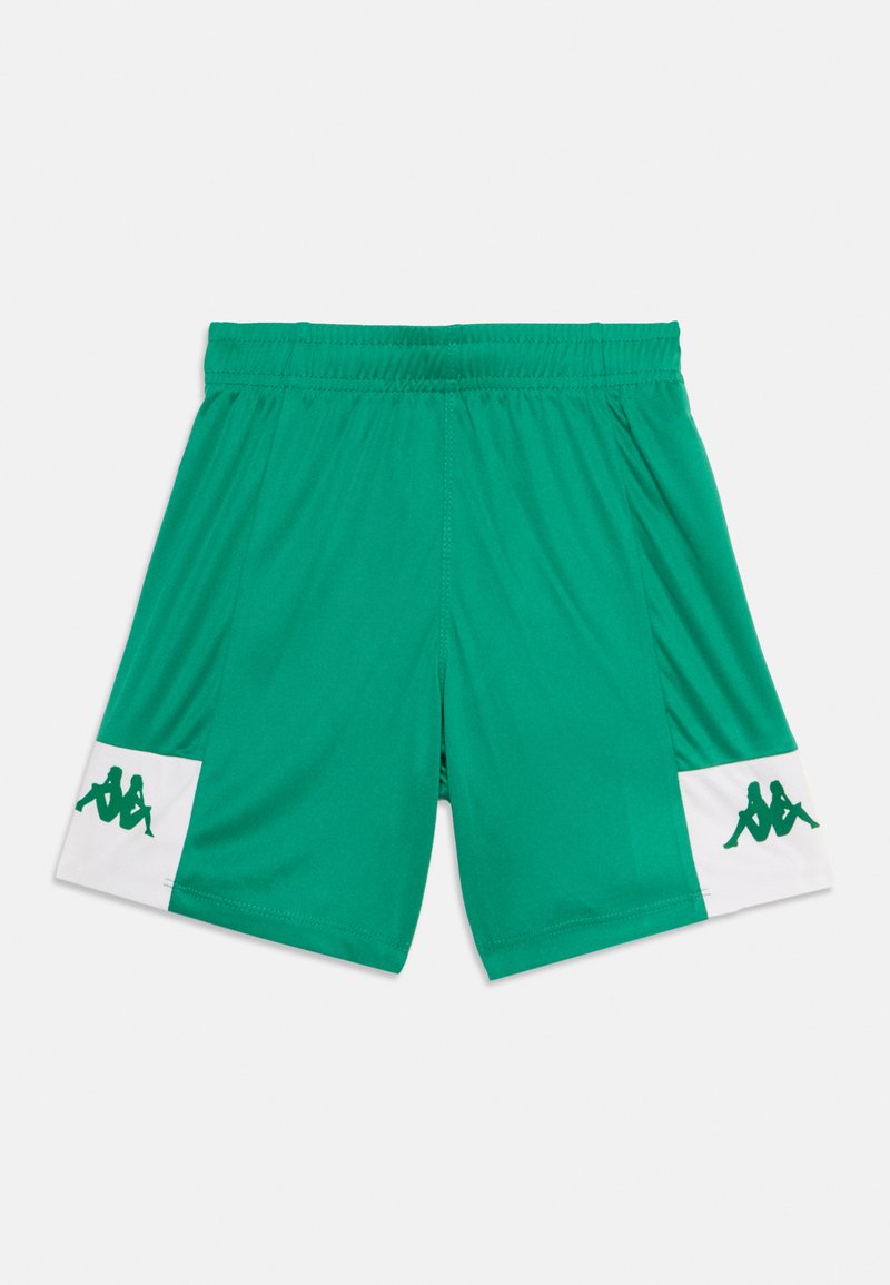 Groene sportshorts van lichtgewicht stof, met zijpanelen in het wit en groene logo-accenten, en een elastische tailleband.