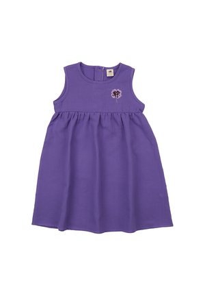 Ärmelloses lila Kleinkindkleid mit gerafftem Rock und kleiner gestickter Blume auf der Brust, Rückverschluss mit Reißverschluss.