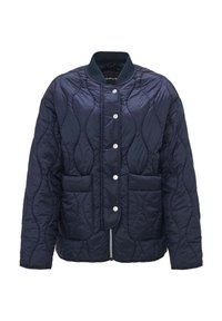 Giacca trapuntata blu navy con collo rotondo, bottoni a pressione, due tasche frontali e motivo testurizzato sul tessuto. Design leggero e imbottito.