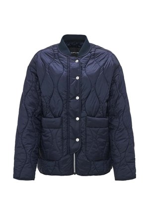 Marineblau gesteppte Jacke mit ribbeltem Kragen, Druckknopfverschluss, zwei Fronttaschen und strukturiertem Wellenmuster. Leicht und isoliert im Design.