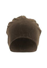 Brun bomullslue med en myk tekstur, rund topp og lett slapp passform. Har en glatt, matt finish og minimal søm.