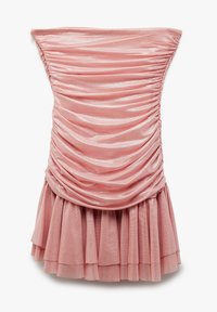Robe rose avec un corsage froncé et une jupe en tulle superposée. Fabriquée en tissu brillant, elle présente un design structuré hors des épaules.