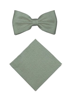 Groene gestructureerde stoffen strikdas gecombineerd met een bijpassend groen vierkant pochet, beide plat neergelegd op een witte achtergrond.