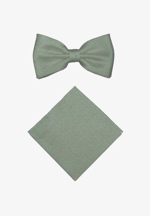 Green textured fabric bow tie paired with a matching green square pocket square, both laid flat on a white background.