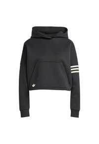 Sudadera negra corta hecha de tela suave, con un bolsillo frontal, capucha y detalles de tres rayas blancas en la manga izquierda.