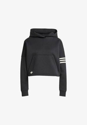 Czarna krótka bluza z kapturem wykonana z miękkiego materiału, z przednią kieszenią, kapturem oraz białymi trzema paskami na lewym rękawie.