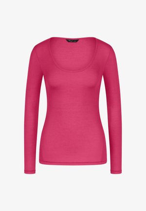 Long-sleeve shirt in bright pink, featuring a scooped neckline and ribbed texture. Smooth fabric with a fitted design.