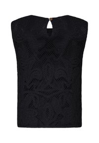 Haut noir sans manches en dentelle avec motifs floraux et petite ouverture en forme de goutte fermée par un bouton à l'encolure.