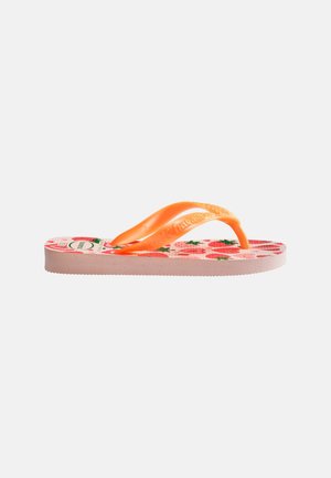 Child-size flip-flop with orange straps and a sole patterned with red strawberries and green leaves on a light background.