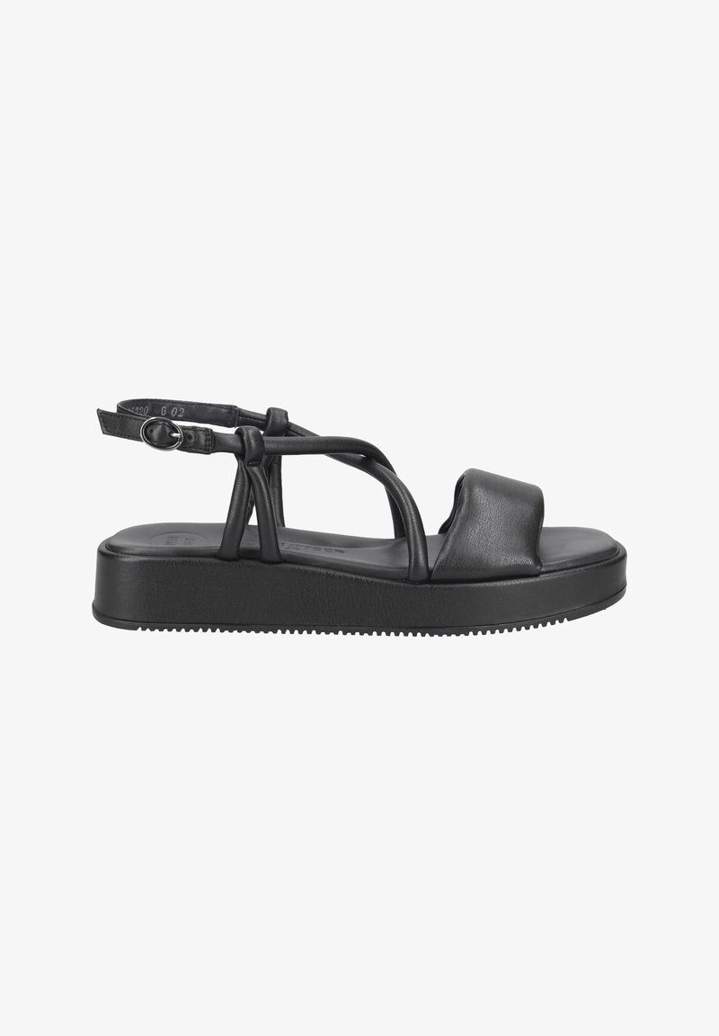 Sandale plateforme noire avec semelle rembourrée, bride au bout du pied matelassée, fines lanières traversant le pied, et bride de cheville ajustable avec boucle.