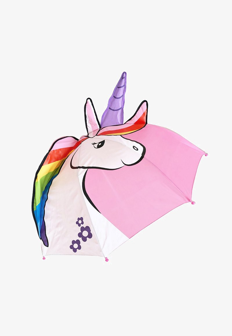 Unicorn-themed umbrella with a pink canopy, purple horn, rainbow accents, and flower patterns on the edge. Features a durable design.