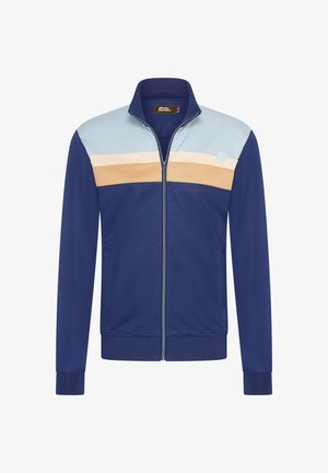 Marineblaues Zip-Jackett mit hellblauen und beigen horizontalen Streifen, ausgestattet mit einem Stehkragen und gerippten Manschetten. Strukturierten Stoff.