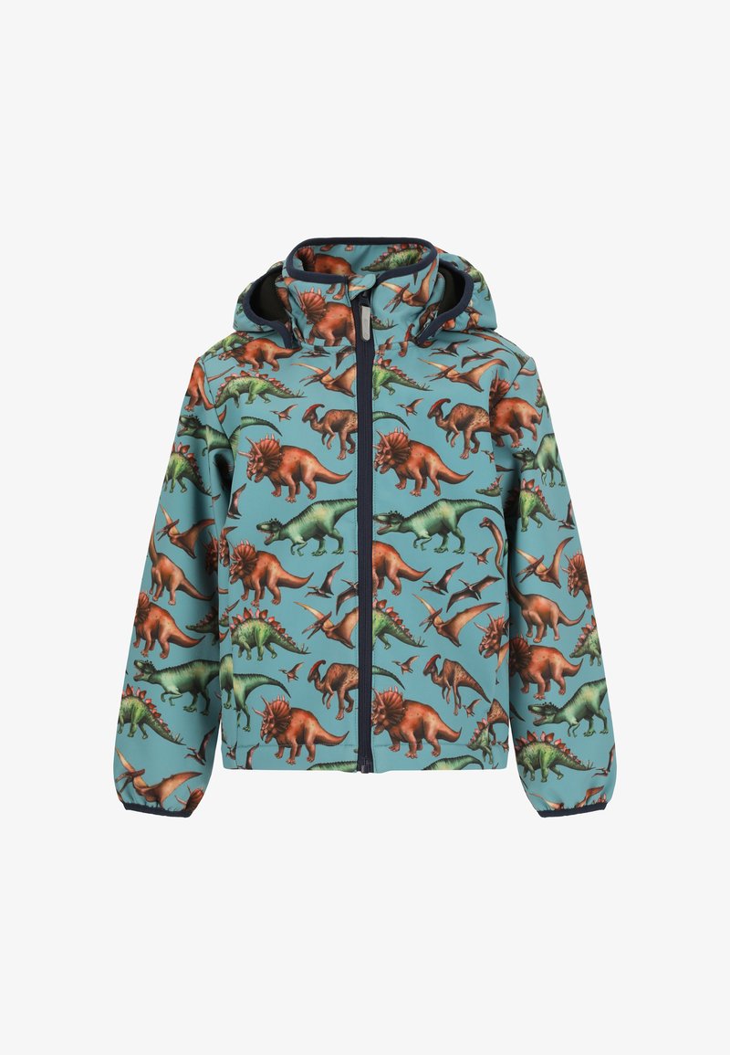 Veste de pluie à capuche avec un fond bleu et des motifs de dinosaures colorés en orange, vert et marron ; poignets élastiques et fermeture éclair avant.