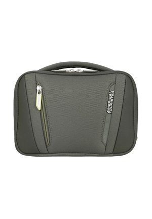 Organizzatore da viaggio compatto American Tourister grigio con maniglia superiore, tasca anteriore con cerniera e superficie in tessuto strutturato.