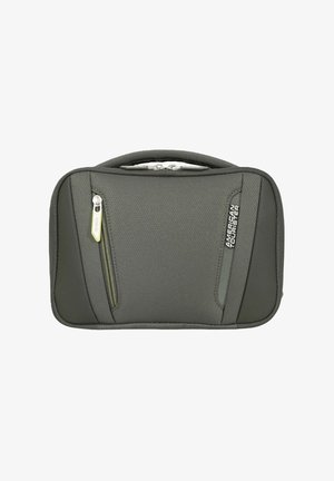 Organizzatore da viaggio compatto American Tourister grigio con maniglia superiore, tasca anteriore con cerniera e superficie in tessuto strutturato.