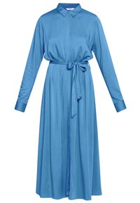 Robe bleue à manches longues en tissu doux avec un devant boutonné et une ceinture nouée à la taille. Dotée d'un col classique et d'une silhouette fluide.