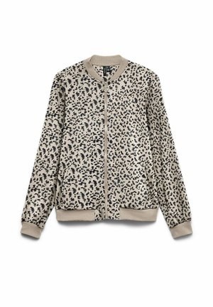 Veste bomber beige zippée avec imprimé léopard abstrait noir, col, poignets et ourlet côtelés, et tirette de fermeture éclair en anneau argenté.