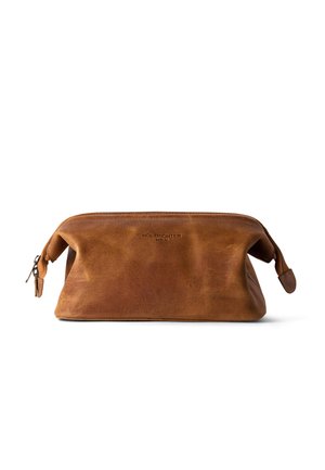 Brown leather toiletry bag with a structured shape, zip closure, and logo embossed on the front. Textured surface with a matte finish.
