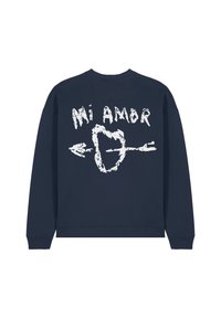 Felpa blu navy con testo grafico bianco "Mi Amor" sopra un design di cuore e freccia. Realizzata in materiale morbido con polsini e orlo a coste.