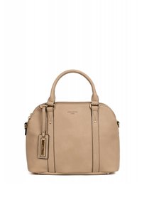Borsa a mano in pelle beige con forma arrotondata, doppio manico superiore, accessori in tonalità oro e etichetta removibile. Finitura testurizzata sottile.