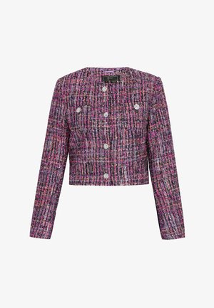 Gekürzte Jacke aus mehrfarbigem gewebtem Stoff mit strukturiertem Muster, rundem Ausschnitt und silberfarbenen Knopfdetails. Lange Ärmel.
