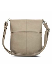 Borsa a tracolla in pelle marrone chiaro con design piatto, tracolla regolabile e dettaglio sul davanti. Texture liscia, stile minimalista, senza hardware visibile.