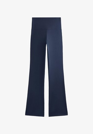 Navyblaue ausgestellte Hose aus dehnbarem Stoff; mit einem hohen, breiten Bund und glatter Textur ohne Muster oder sichtbare Hardware.