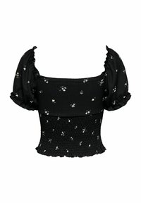 Blouse noire courte avec petit imprimé floral blanc, encolure carrée, manches courtes bouffantes et taille smockée avec ourlet à volants.