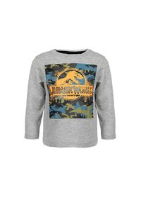 Gray long-sleeve T-shirt featuring a camouflage print with blue and green tones, centered Jurassic World graphic in orange and black.