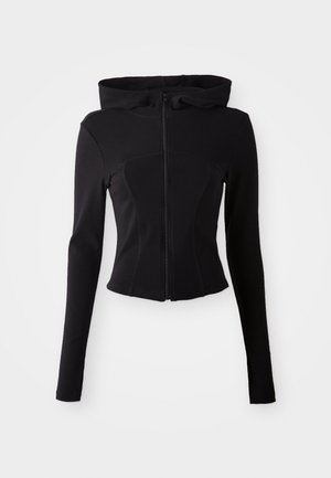 Black fitted hoodie with long sleeves, front zipper, and a hood. Made of a smooth, stretchy material with a sleek design.