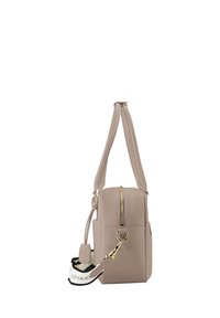 Borsa a tracolla in pelle taupe con zip superiore, manici doppi imbottiti e tracolla removibile con dettagli in metallo dorato, vista di lato.