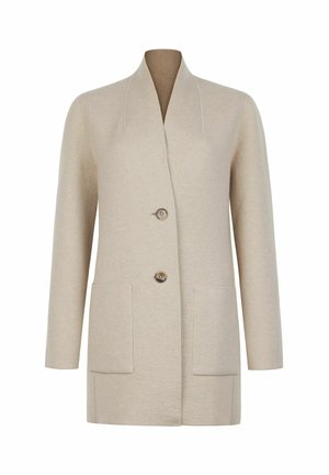Beige uldblandet mellemlang frakke med to frontknapper, åben krave, lange ærmer og to store forlommer.