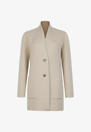 Manteau mi-long en mélange de laine beige avec deux boutons à l'avant, col ouvert, manches longues et deux grandes poches plaquées à l'avant.