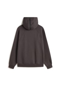 Gray hoodie featuring a black spine-like design on the back of the hood, with a soft texture and ribbed cuffs and hem.
