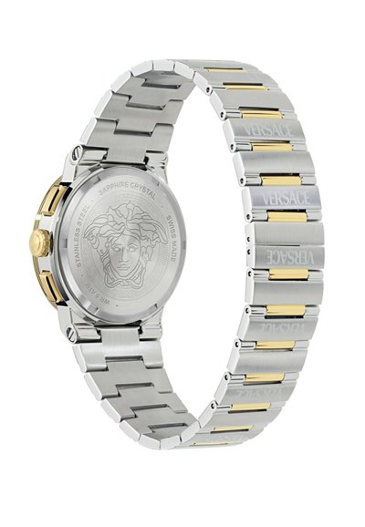 Ceas de bratara din otel inoxidabil argintiu cu accente aurii, cristal de safir si logo Medusa gravat pe spate. Fabricat în Elveția.