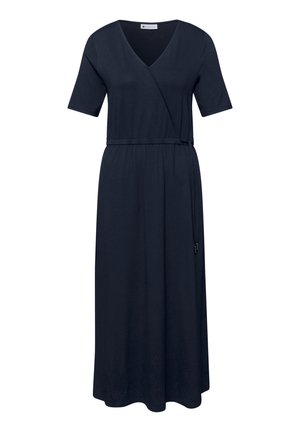 Marineblaues Midikleid mit kurzen Ärmeln, V-Ausschnitt und Wickeloptik vorne sowie verstellbarem Seitenschnürbund.