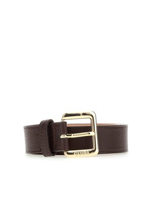 Ceinture en cuir marron avec une boucle rectangulaire dorée gravée du nom de la marque Guess, présentée roulée sur un fond blanc.
