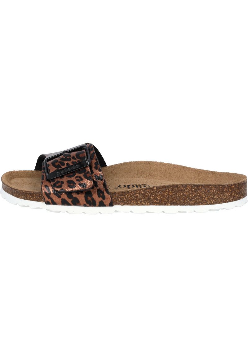 Leoprint-Rutschsandale mit einem verstellbaren schwarzen Riemen, Korkfußbett und weißer Gummisohle. Weiche Textur mit flachem Profil.