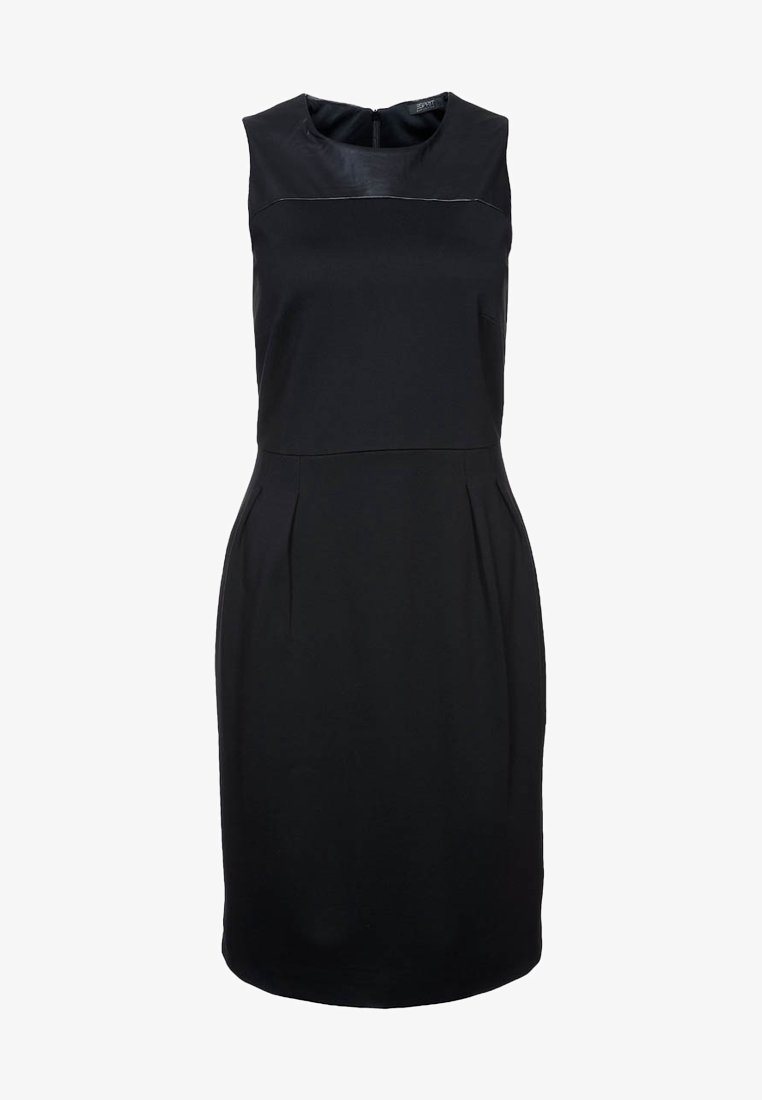 Abito nero senza maniche con scollatura rotonda, pieghe sottili e finitura liscia. Chiusura con zip sulla schiena.