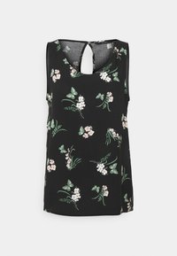 Sort ærmeløs top med blomsterprint i pink og grøn. Har en nøglehulslukning bagpå og en blød tekstur. Kanten er let buet.