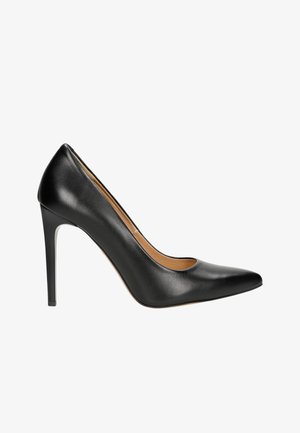 Schwarze Leder-Pumps mit hohem Absatz, spitzer Zehe, schlankem Stiletto-Absatz und einer glatten Textur. Das Innenfutter hat eine tanfarbene Auskleidung.