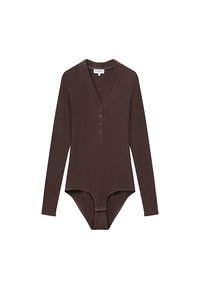 Bodysuit à manches longues en tissu côtelé marron foncé, avec un col en V, une patte de boutonnage à cinq boutons et un ajustement serré en bas.