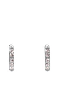 Sølvøredobber med en buet design og seks små rosa steiner satt på rad foran. Polert overflate, minimal hardware.