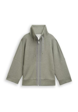 Hellgraue Zip-Up-Jacke mit hohem Kragen, weiten langen Ärmeln und Kordelzügen am Kragen, dargestellt vor weißem Hintergrund.