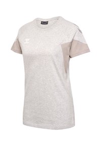 Light gray short-sleeve sports t-shirt with beige shoulder panels and a small white hummel logo on the chest.